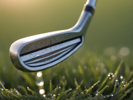 Macro close-up of golf iron grooves with dew on green grass