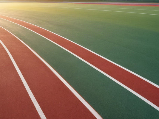 An empty outdoor running track in warm morning light with long shadows across the lanes