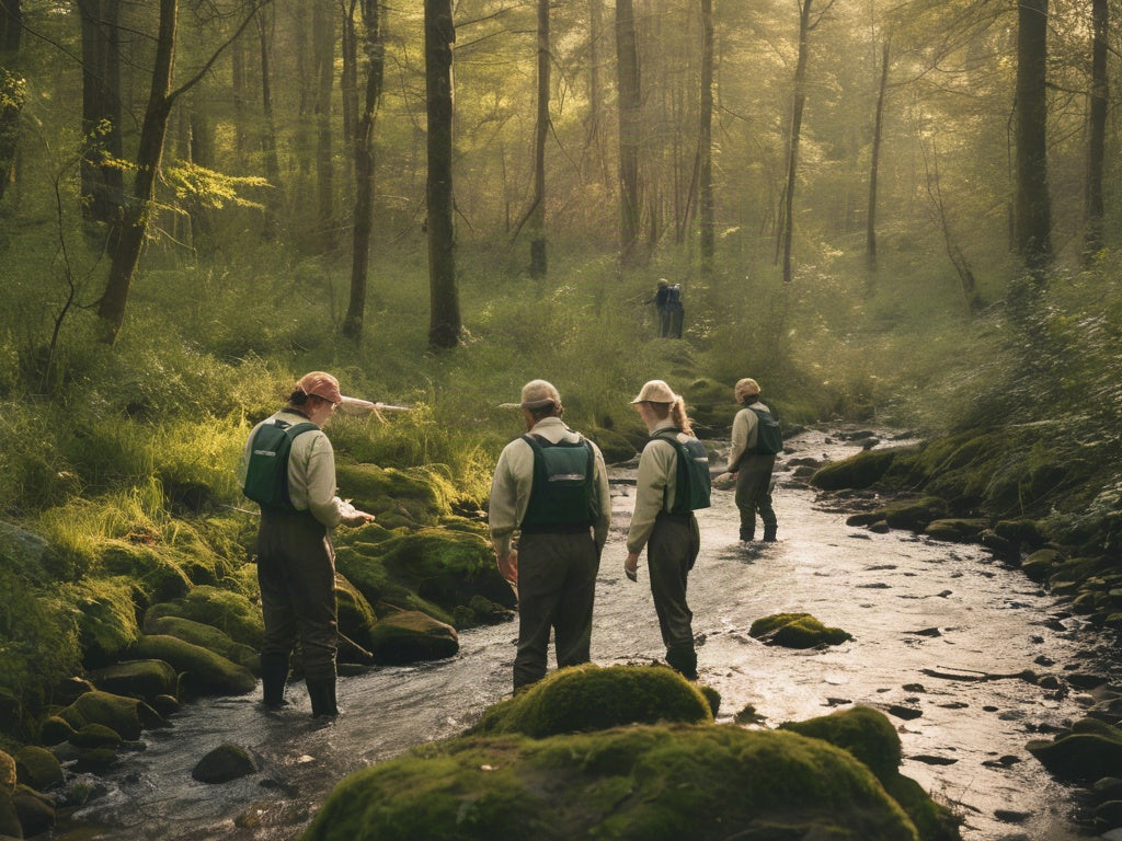 Volunteers wading in a shallow forest stream during a river monitoring outing