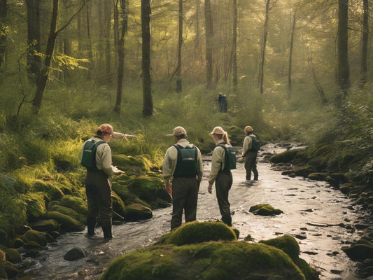 Volunteers wading in a shallow forest stream during a river monitoring outing