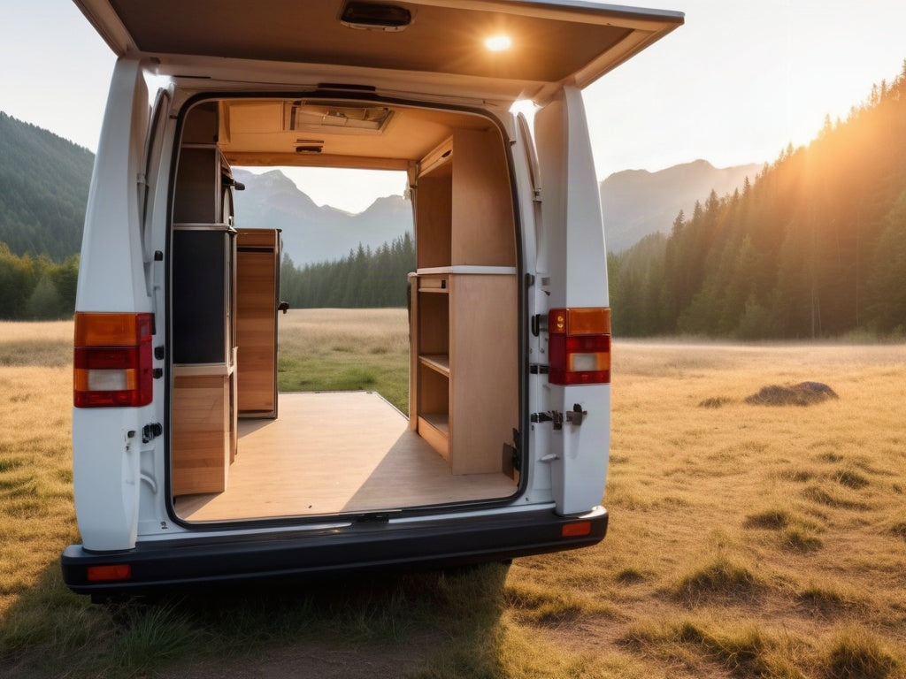 Open rear doors of a camper van at a forest clearing campsite at golden hour