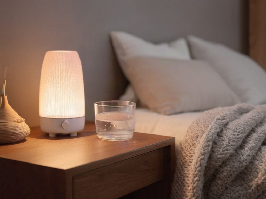 glass of water and small humidifier on a wooden nightstand in a cozy bedroom