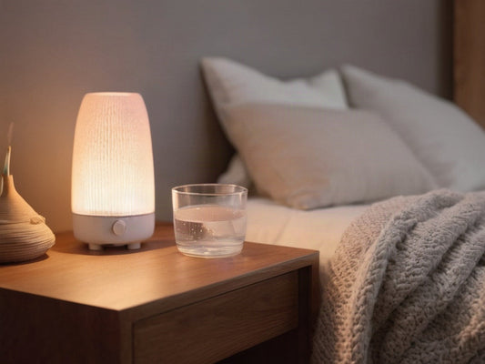 glass of water and small humidifier on a wooden nightstand in a cozy bedroom