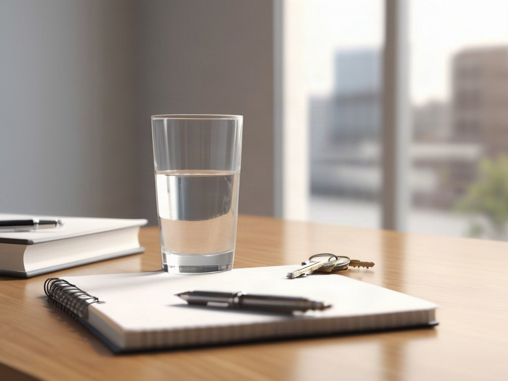 A clear glass of water on a wooden office desk beside a closed notebook, a pen, and a set of keys in soft daylight