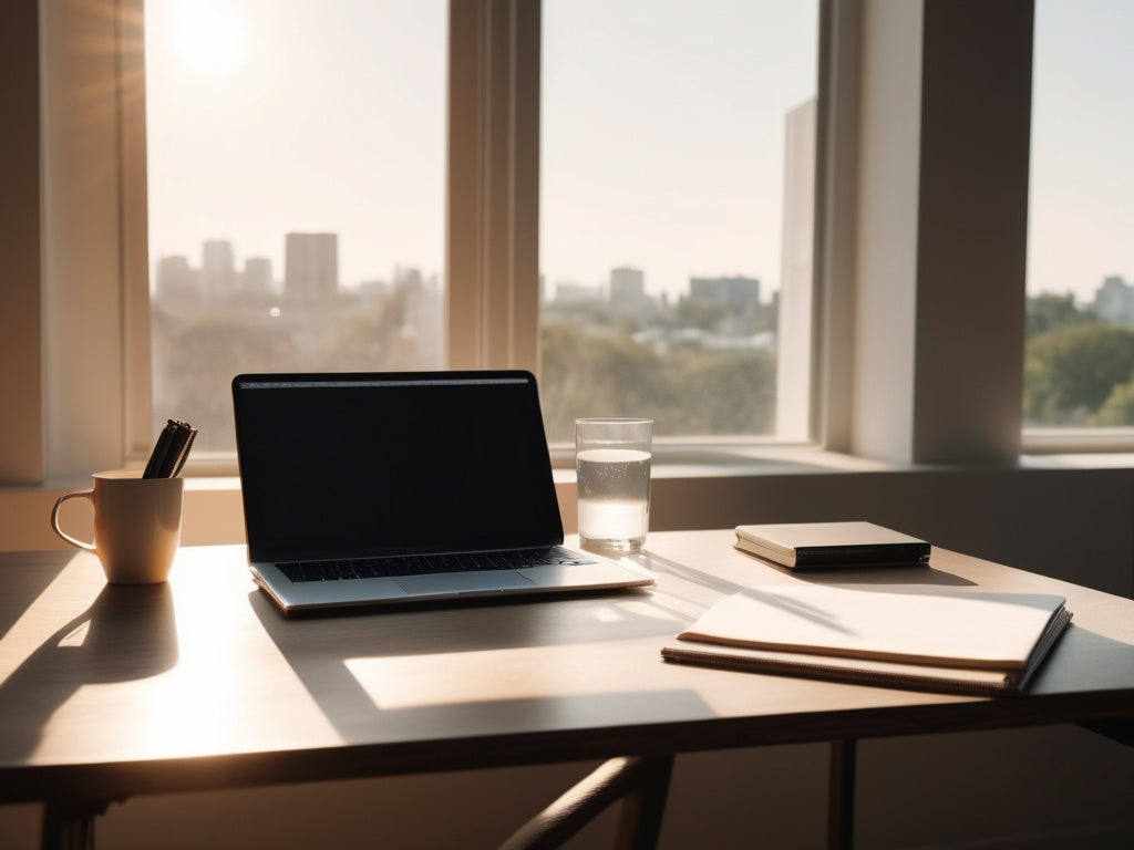 Sunlit afternoon desk with a glass of water, notebook, and laptop