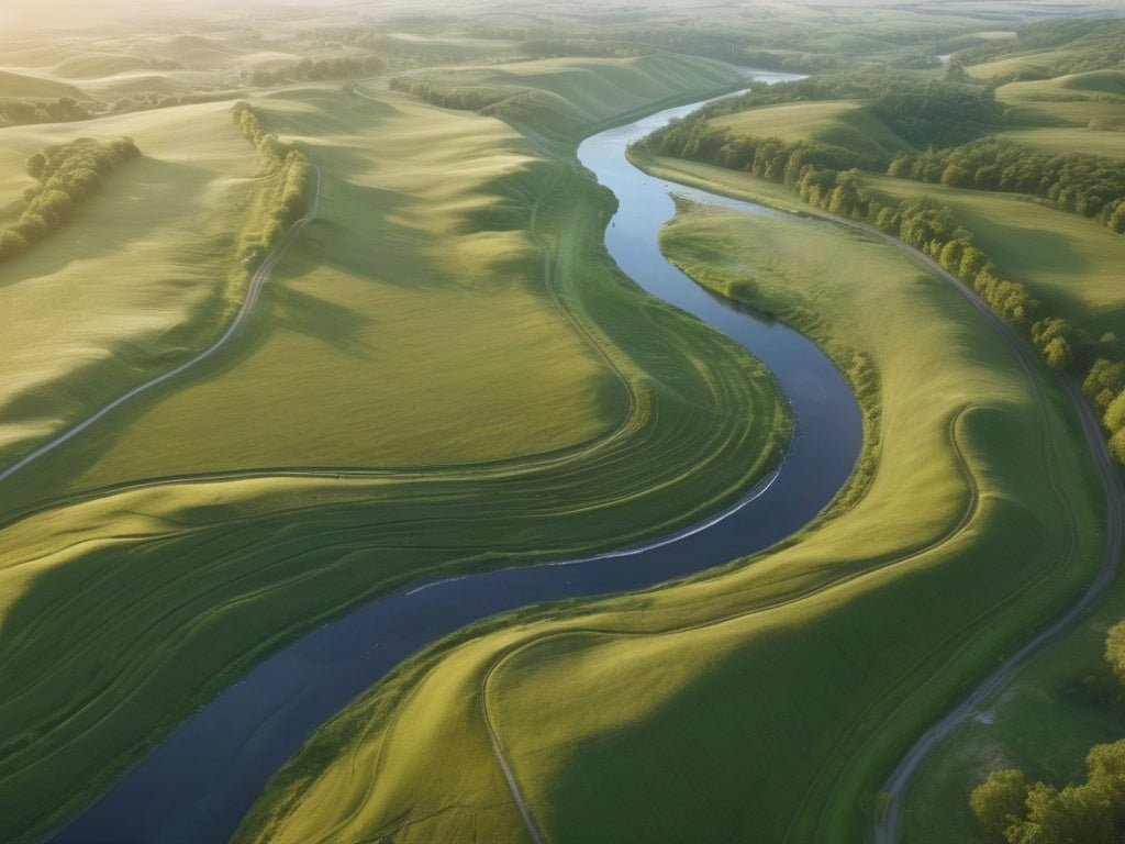 Aerial view of a winding creek through green farmland and forest — every address sits inside a watershed