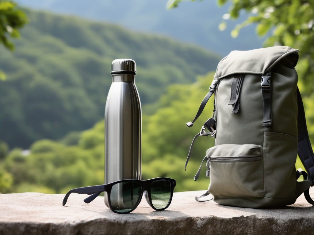 Plain stainless steel water bottle with a backpack and sunglasses on a stone ledge outdoors