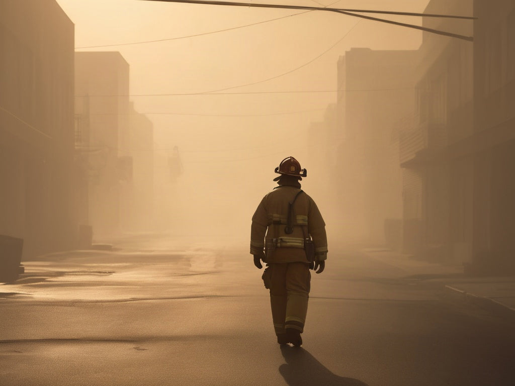 Distant silhouette of a firefighter in turnout gear walking down a hazy street at dawn