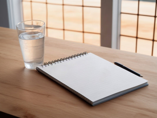 A tall clear glass of water beside an open blank spiral notebook and a plain pen on a warm wooden desk in soft window light, no text or logos visible