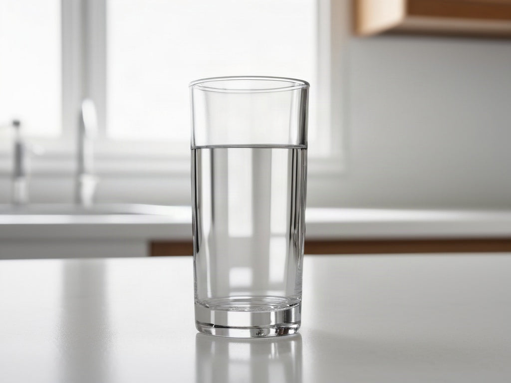 A tall glass of plain water on a bright kitchen counter