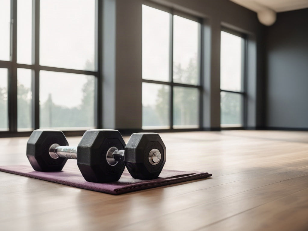 Gym floor with dumbbells and bench in modern fitness center