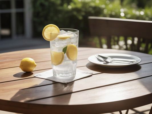 An outdoor cafe table in sunlight with a tall glass of ice water and lemon slices