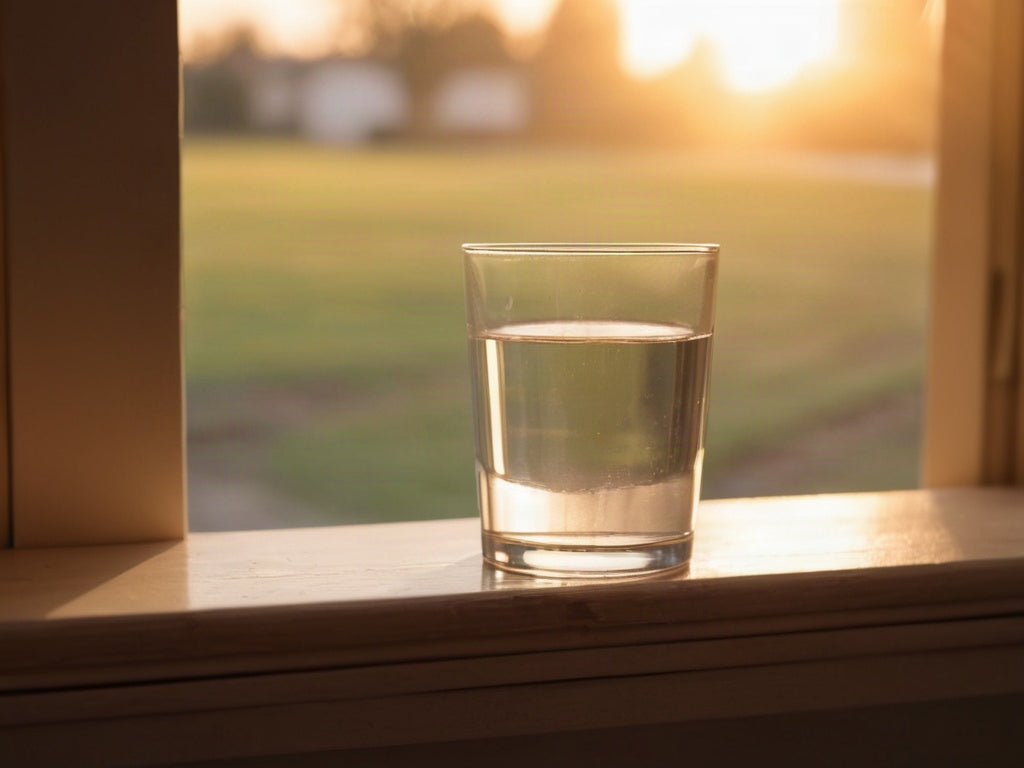 A clear glass of water on a wooden windowsill in warm golden morning light