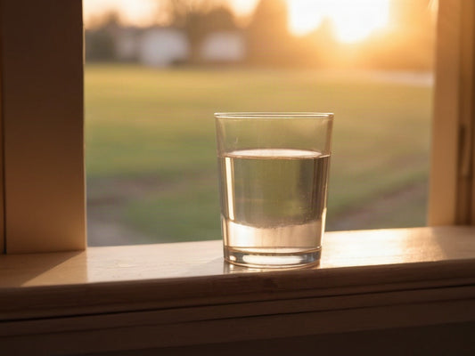 A clear glass of water on a wooden windowsill in warm golden morning light