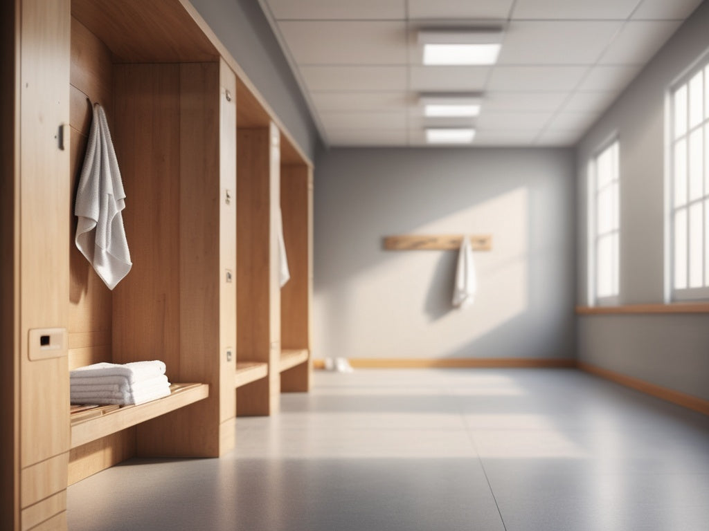 Bright gym locker room with a folded white towel on a wooden bench