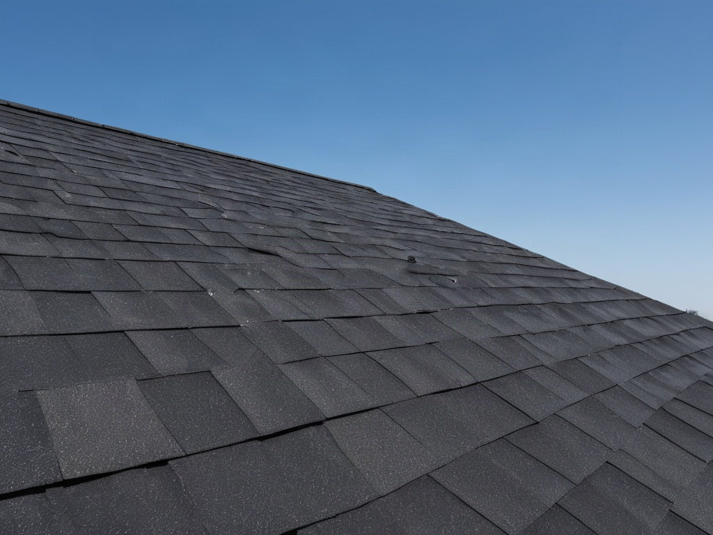 A residential rooftop covered in dark asphalt shingles under bright midday sun