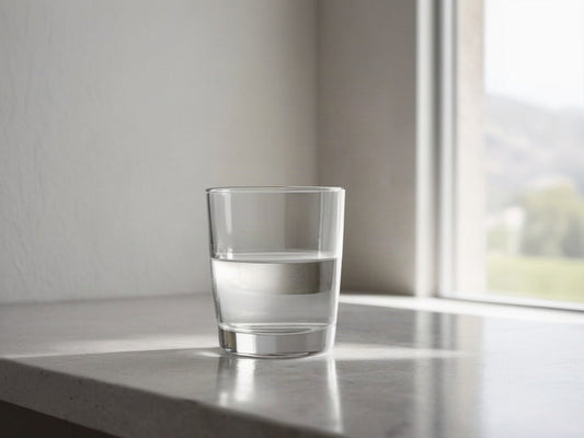 A clear glass of still water on a plain light stone countertop in soft daylight, no text or logos visible