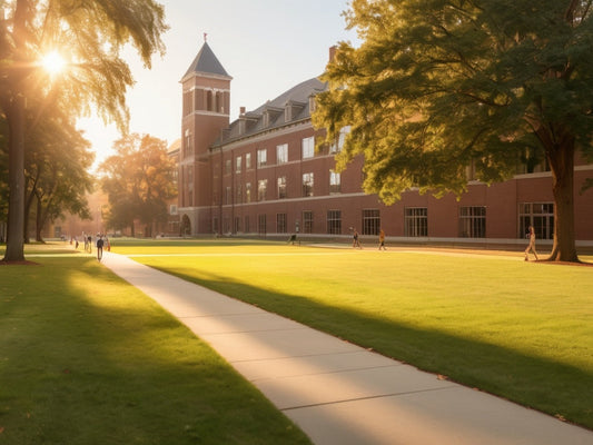 Sunlit college campus quad with brick academic building and walking path at golden hour