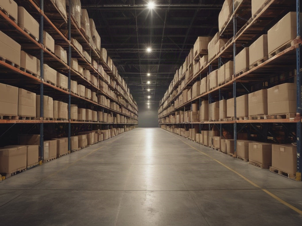 Empty warehouse aisle with tall pallet racks