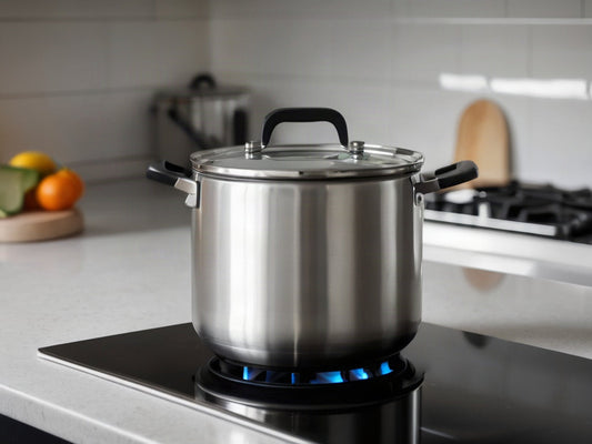 A stainless steel pot of water heating on a plain stovetop in a clean bright kitchen, gentle steam rising, no text or logos visible