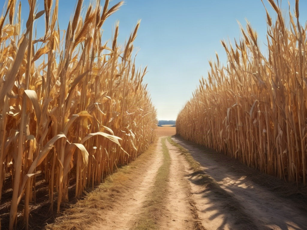Narrow dirt path winding between tall golden cornstalks in late afternoon sunlight