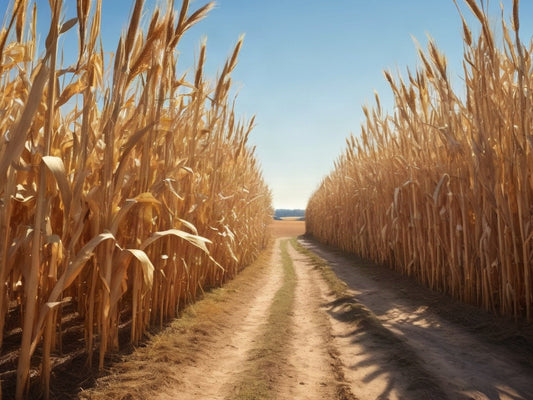Narrow dirt path winding between tall golden cornstalks in late afternoon sunlight