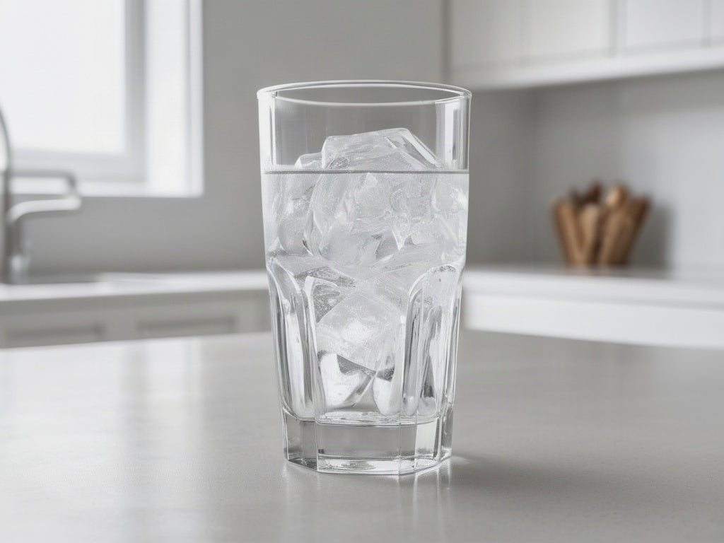 Tall clear glass of ice water on a plain white kitchen counter in morning light