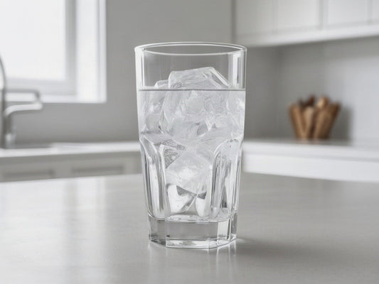 Tall clear glass of ice water on a plain white kitchen counter in morning light