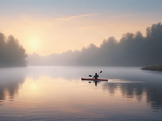 Distant kayaker paddling across a calm misty river at sunrise