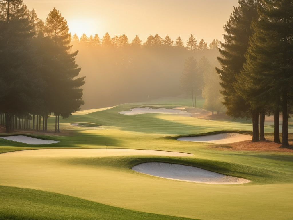 Golf course fairway at sunrise with morning mist