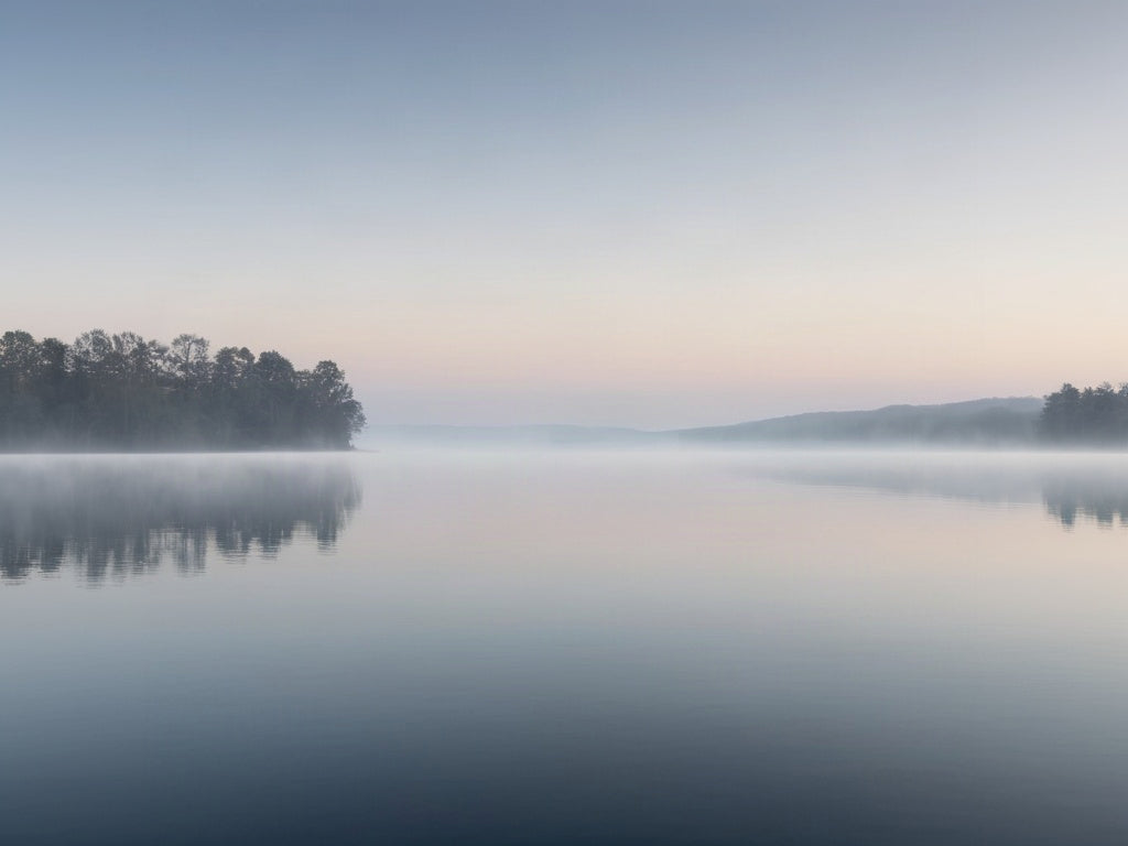 Still cold lake water at dawn with soft mist rising off the surface