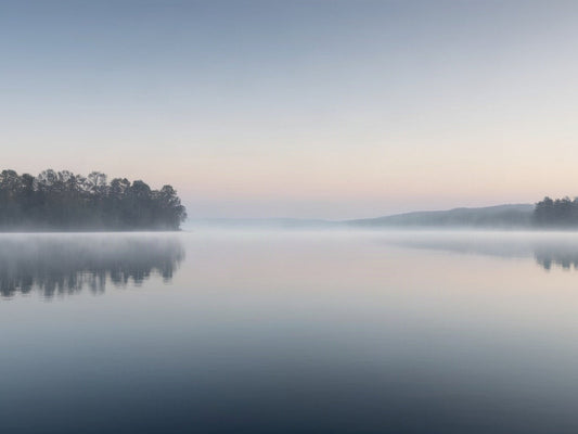 Still cold lake water at dawn with soft mist rising off the surface