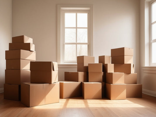 Stacked cardboard moving boxes in an empty sunlit room, no text, labels, or logos visible