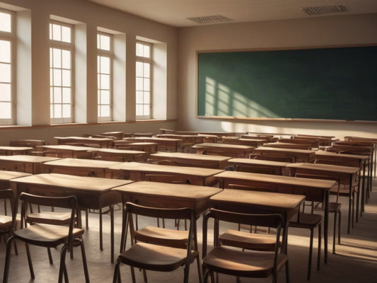 An empty classroom with rows of wooden desks and morning sunlight through tall windows