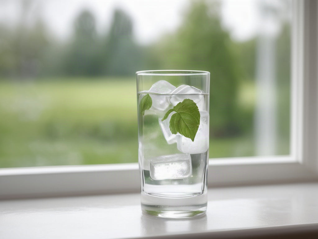 A tall glass of ice water on a windowsill with soft daylight and a blurred green view outside