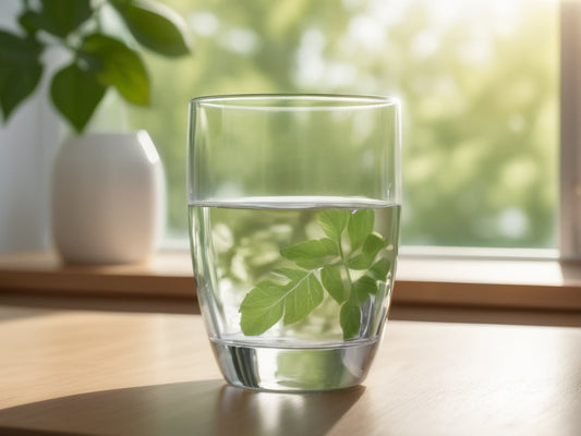 A clear glass of water on a sunlit office desk by a window with green foliage