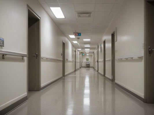 Quiet empty hospital corridor at night with polished hard floors