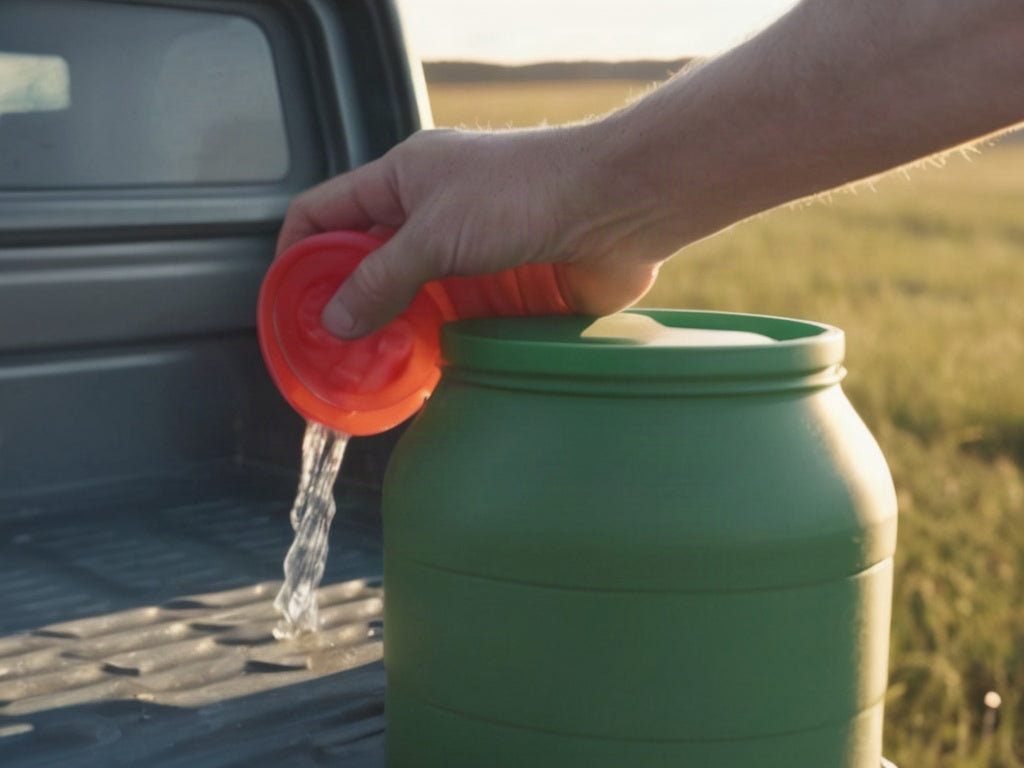 Hand capping a large water jug on a truck tailgate at a survey site