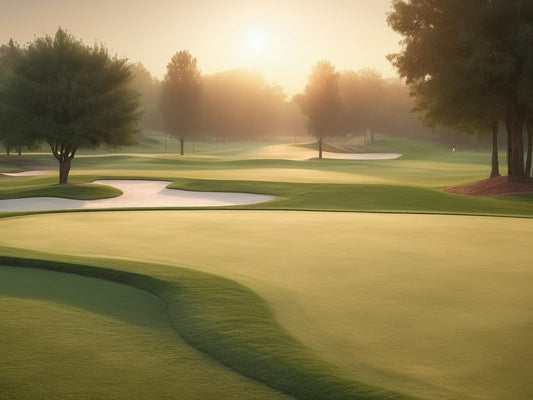 A golf course fairway and manicured green at sunrise