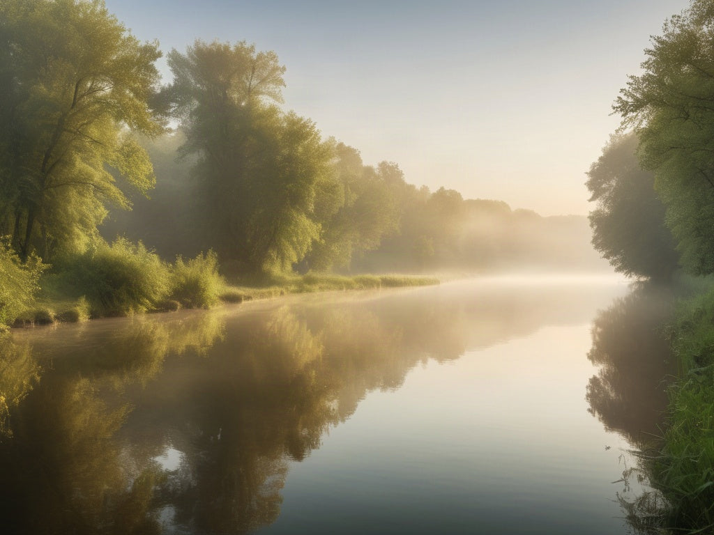 A wide calm river at sunrise with low mist drifting over the surface and green wooded banks on both sides