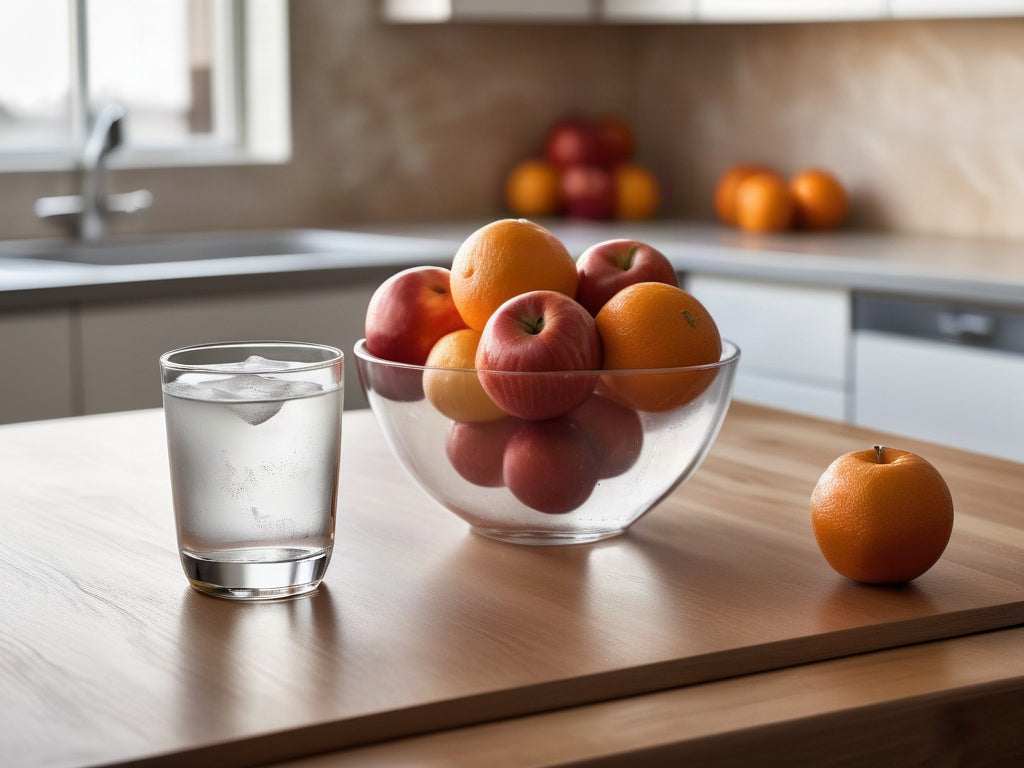 A tall glass of ice water beside a bowl of whole oranges and apples on a bright kitchen table