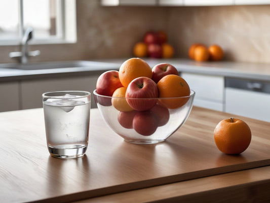 A tall glass of ice water beside a bowl of whole oranges and apples on a bright kitchen table