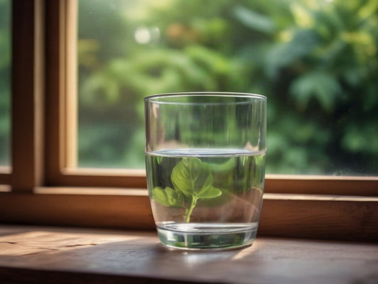 A glass of water with a mint sprig on a wooden windowsill in soft morning light with a blurred garden outside