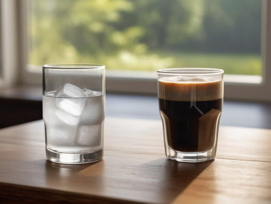 A tall clear glass of water beside a glass of dark coffee on a wooden table by a window in daylight
