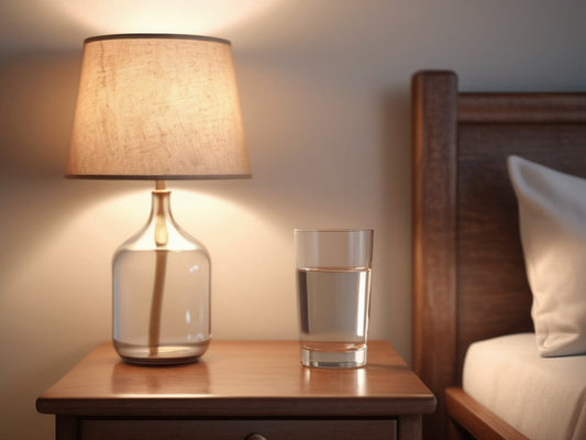 A tall clear glass of water on a wooden nightstand beside a lamp in soft morning light