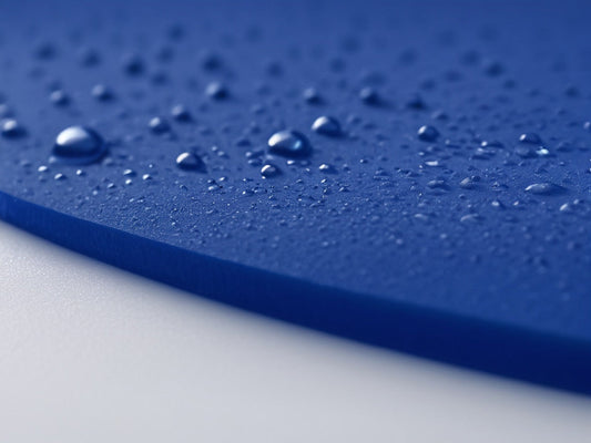 Macro close-up of a deep blue silicone surface with water droplets