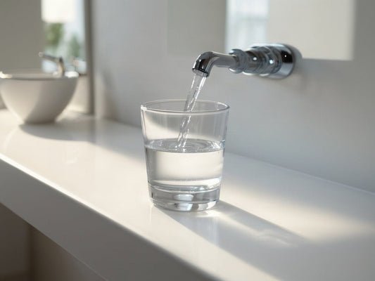 Glass of water on a bathroom sink counter
