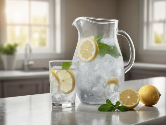 Glass pitcher of ice water with lemon on a kitchen counter