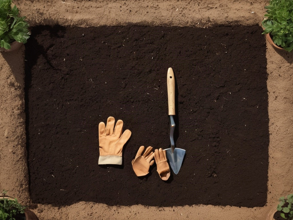 Overhead view of a small backyard garden bed with dark tilled soil, folded gardening gloves, and a hand trowel