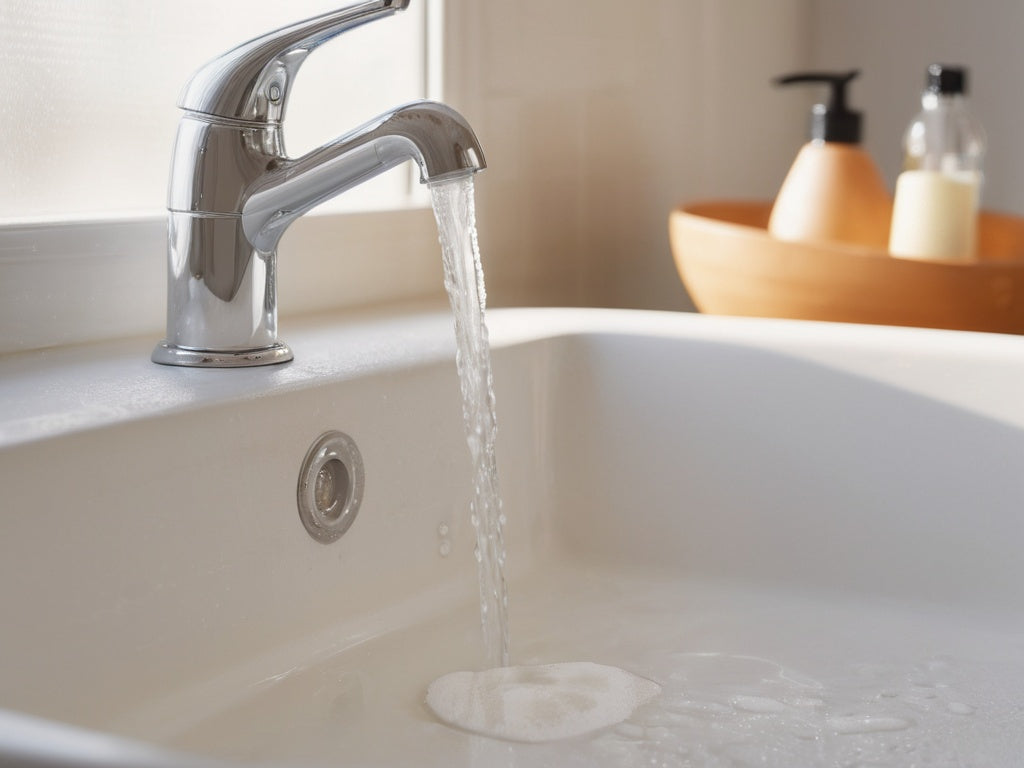 Warm water and soap suds in a clean white sink